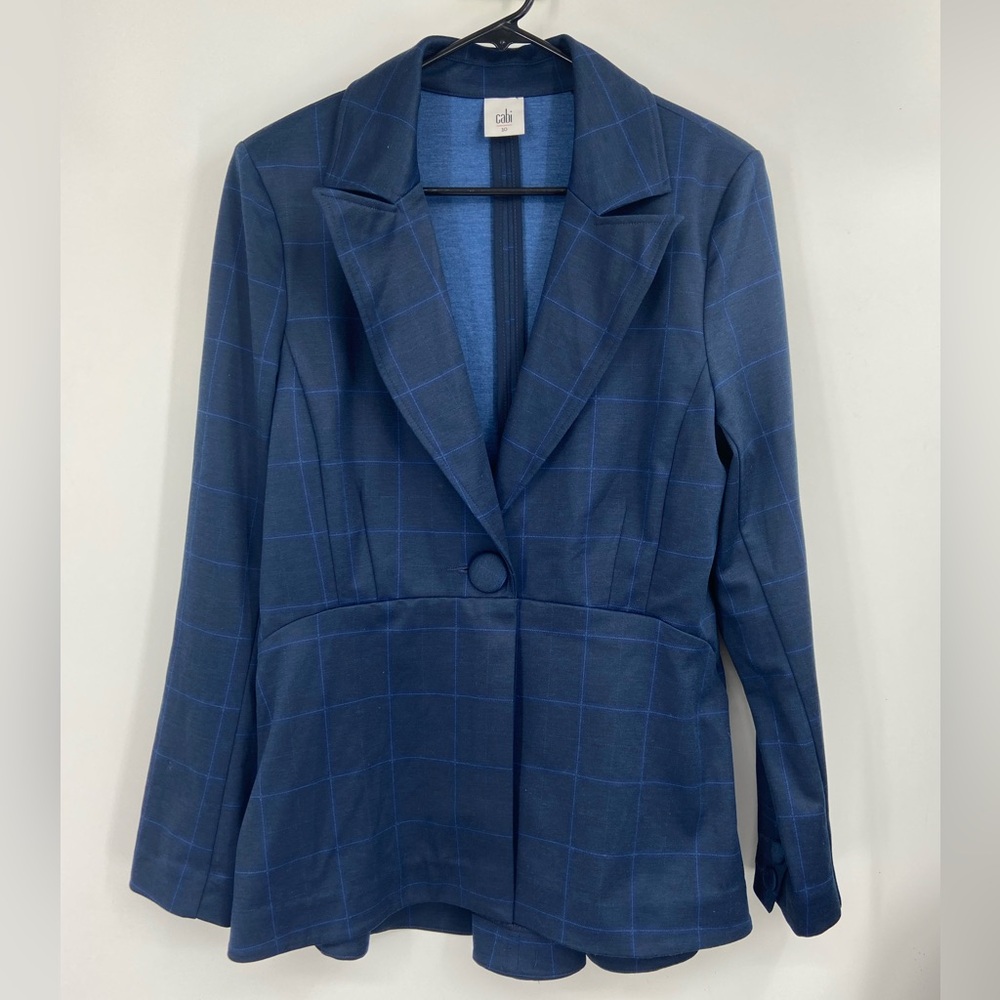 Cabi Blue Windowpane Single Button Flounce Hi/Lo Blazer‎ 10